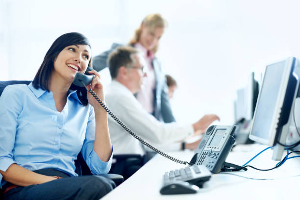 A young businesswoman on the phone at her desk on the office